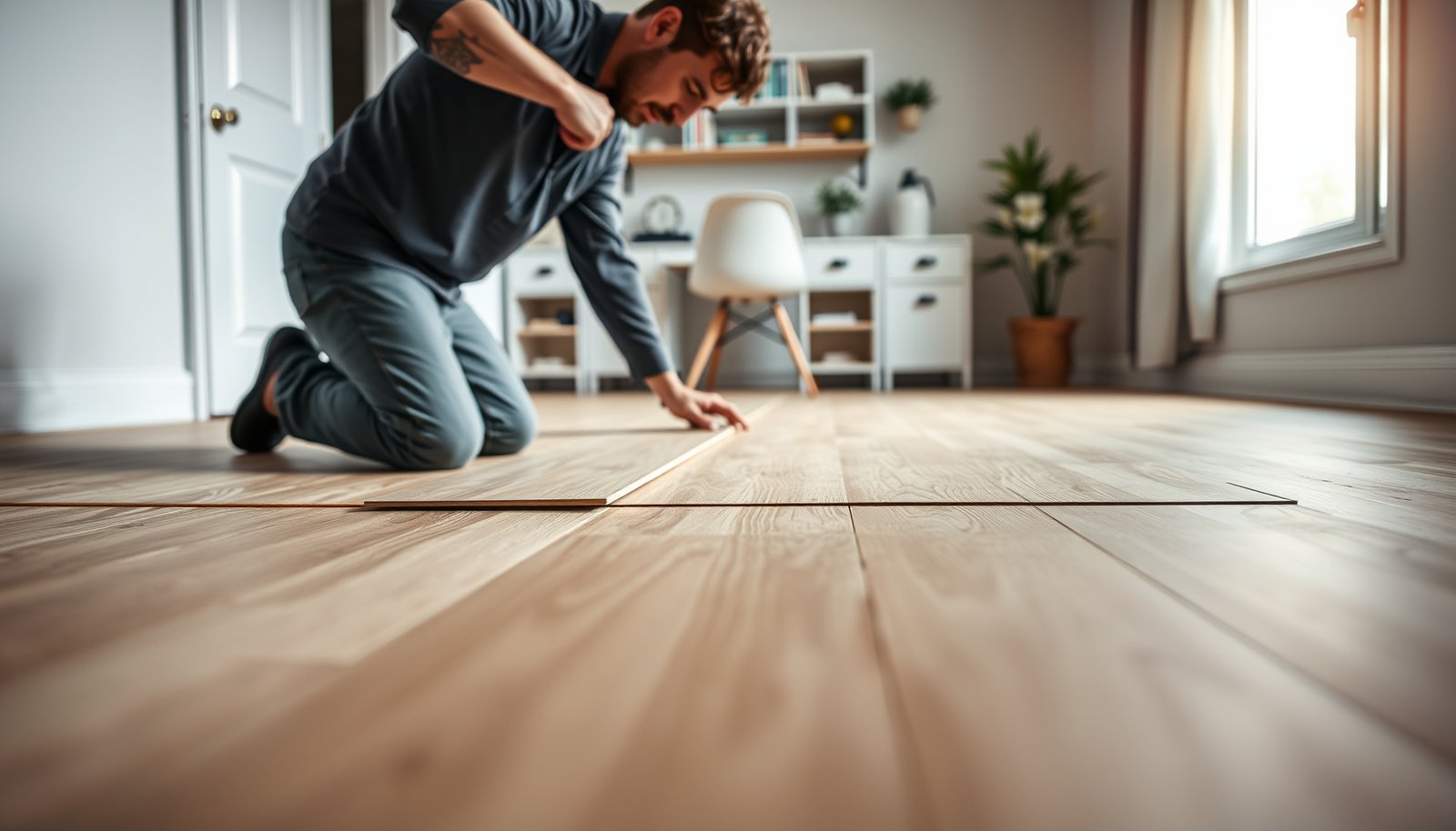 Step-by-step guide on preparing laminate floors for a comfortable home office setup.