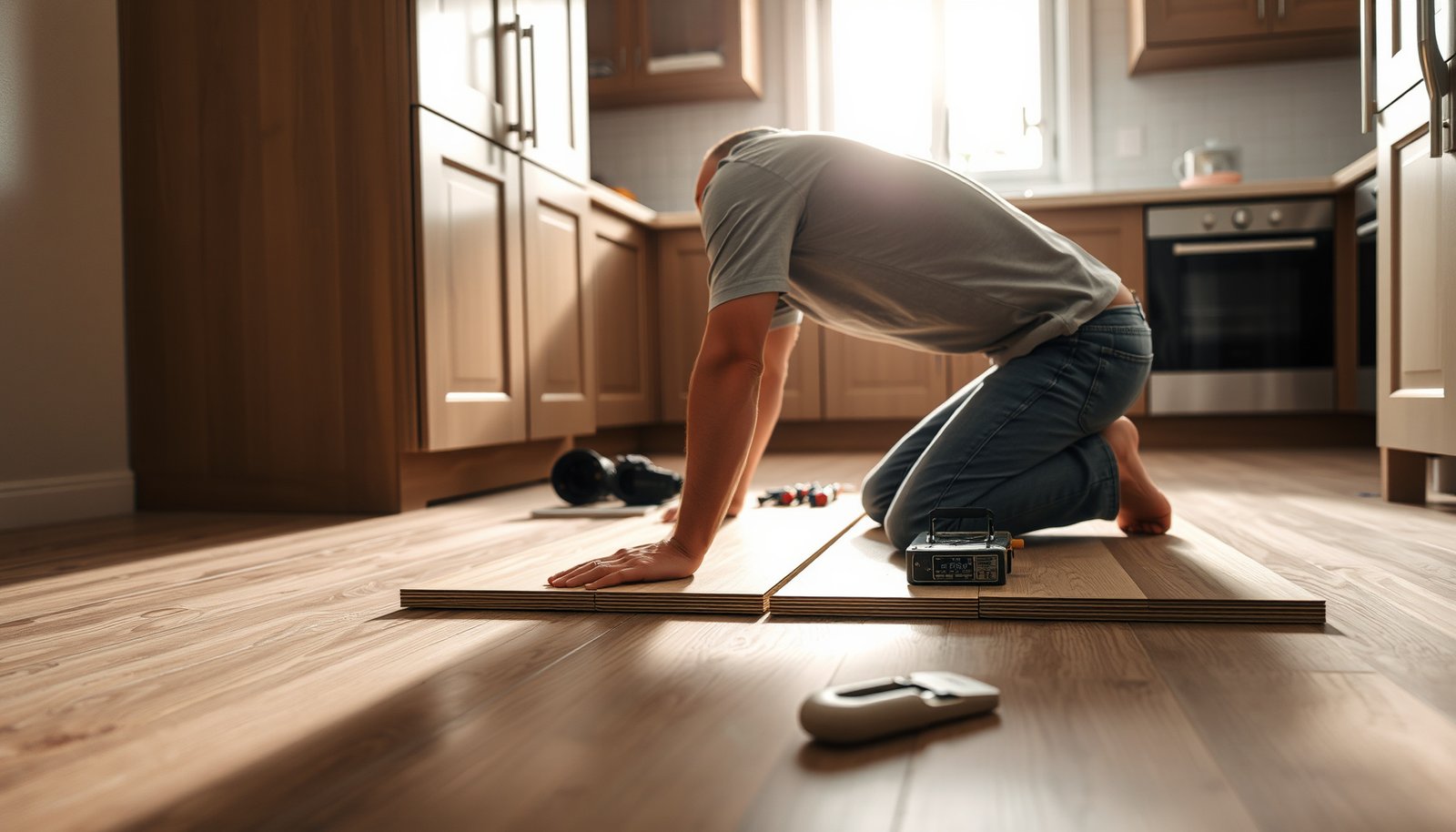 Step-by-step guide on preparing laminate floors for a kitchen renovation.