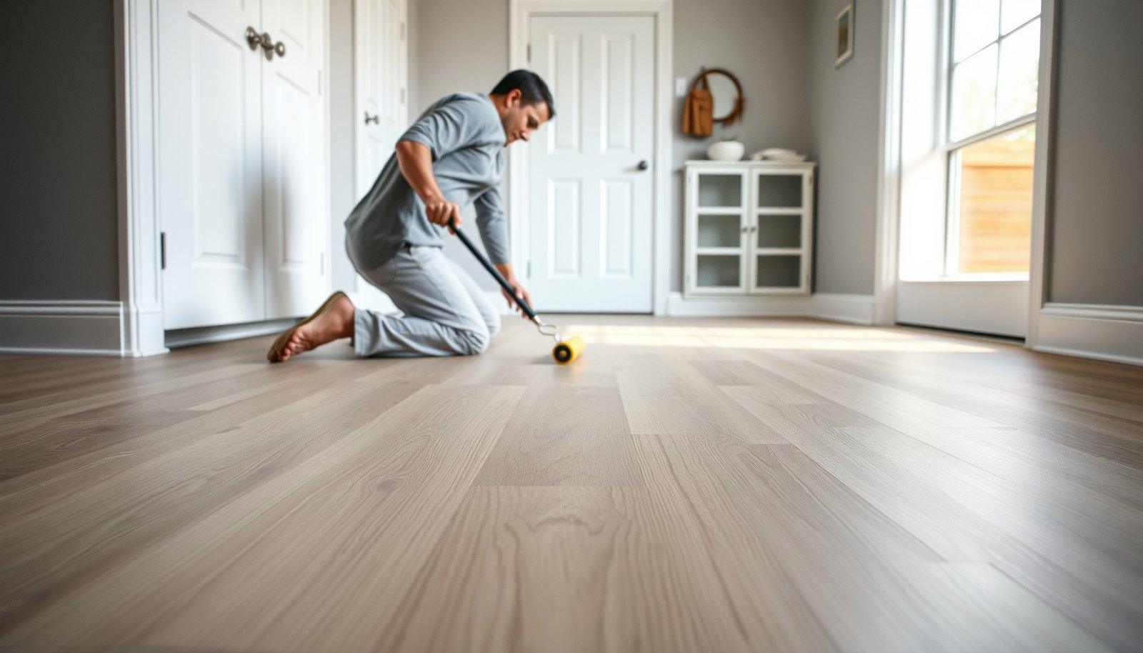 Step-by-step guide on preparing laminate floors for a mudroom, showcasing tools and techniques.