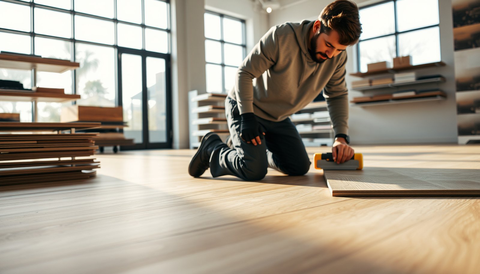 Step-by-step guide on preparing laminate floors in a retail store setting.
