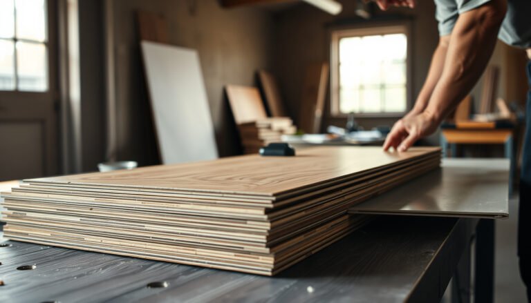 Step-by-step guide on preparing laminate floors for a workshop setting with tools and materials.