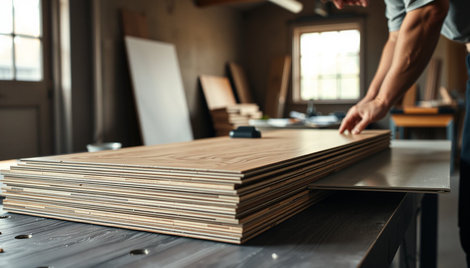 Step-by-step guide on preparing laminate floors for a workshop setting with tools and materials.