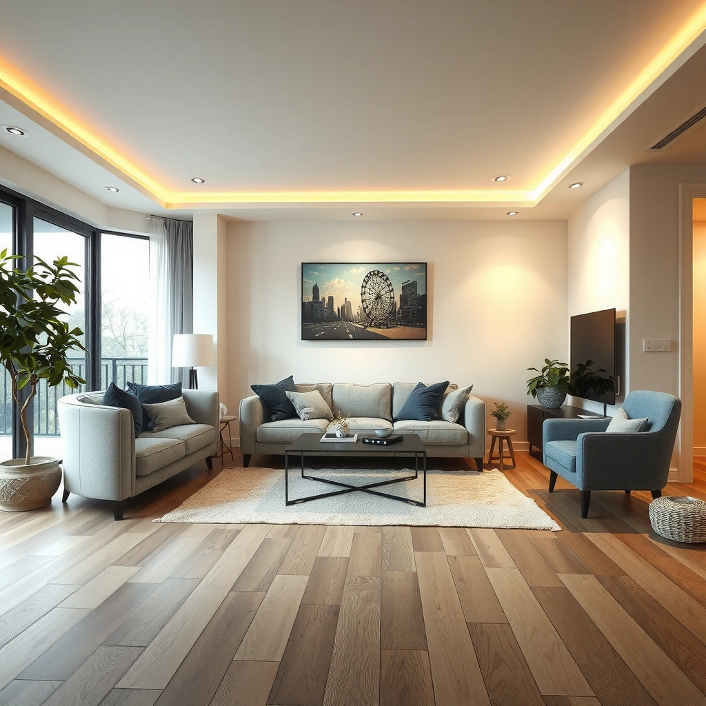A clean living room with prepared subfloor ready for sheet vinyl installation.