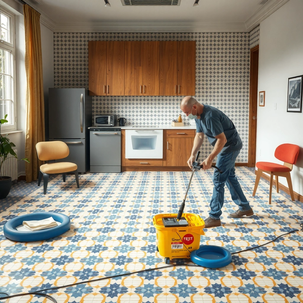 Cleaning and protecting edges of mosaic tile floors before polishing, assessing tile type.