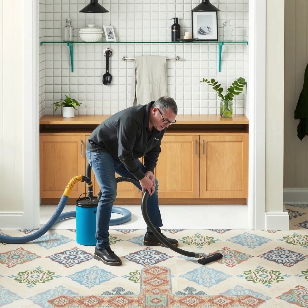 A clean mosaic tile floor being prepped for deep cleaning, with furniture and items moved to protect them.
