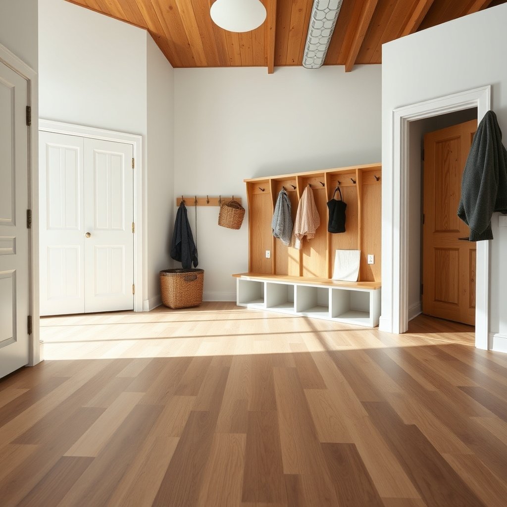 A clean mudroom floor ready for engineered wood floor cleaning preparation