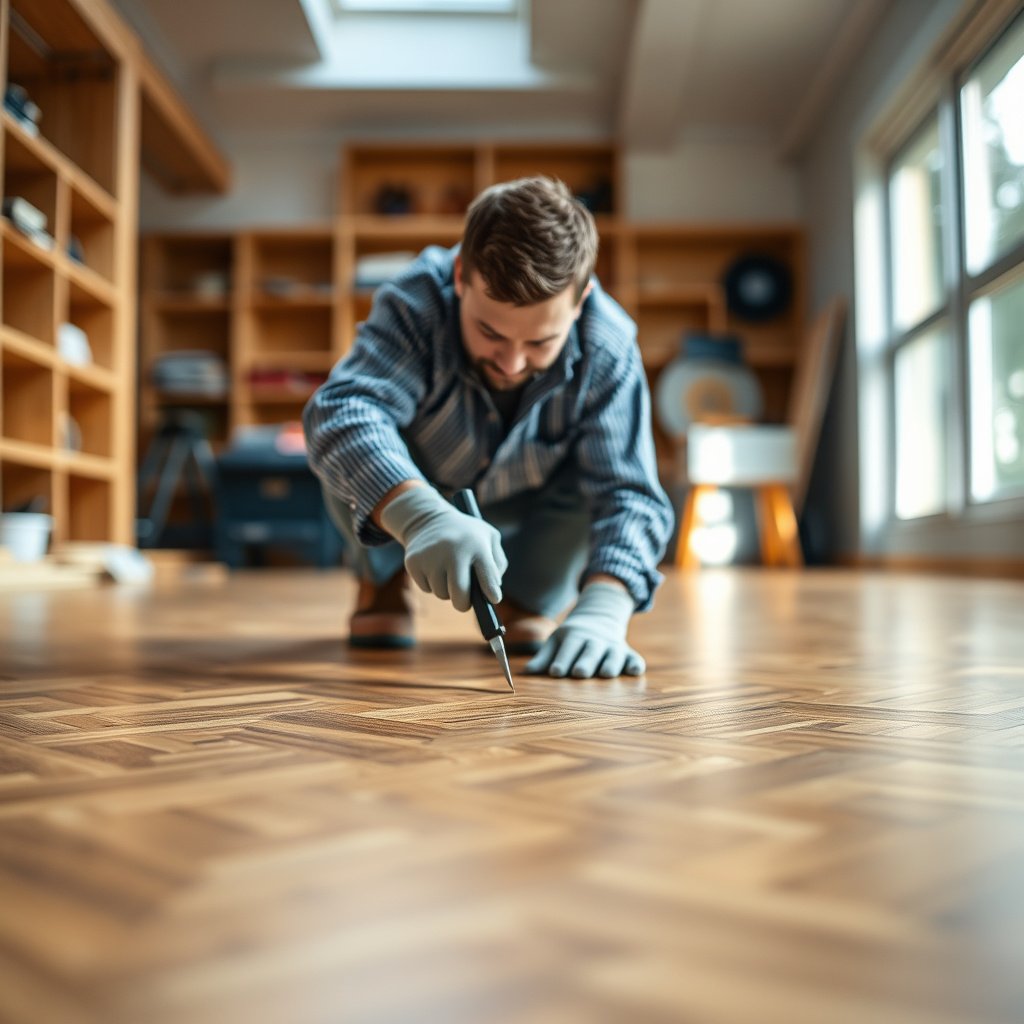 Preparing a parquet floor by cleaning and sanding before applying filler for cracks.
