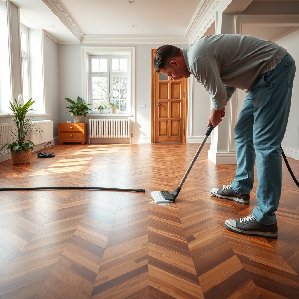 Preparing parquet floors before applying deep cleaning solutions for safe cleaning.