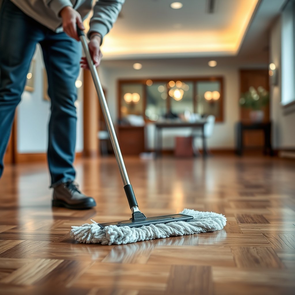 Clean parquet floor ready for mopping, showcasing preparation steps to avoid damaging the finish.