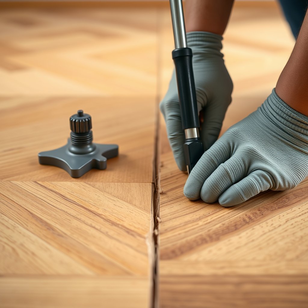 Preparing parquet floors by cleaning and leveling the surface for effective repairs.