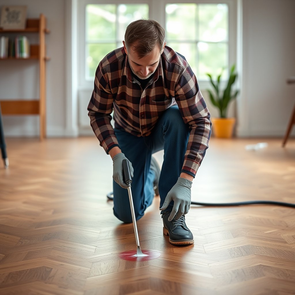 A worker prepping parquet floors before sealing, highlighting essential steps for lasting protection.