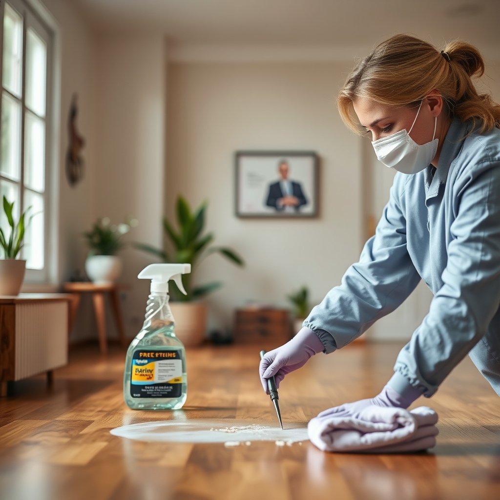 Clean parquet floor preparation before stain removal process with tools and materials.