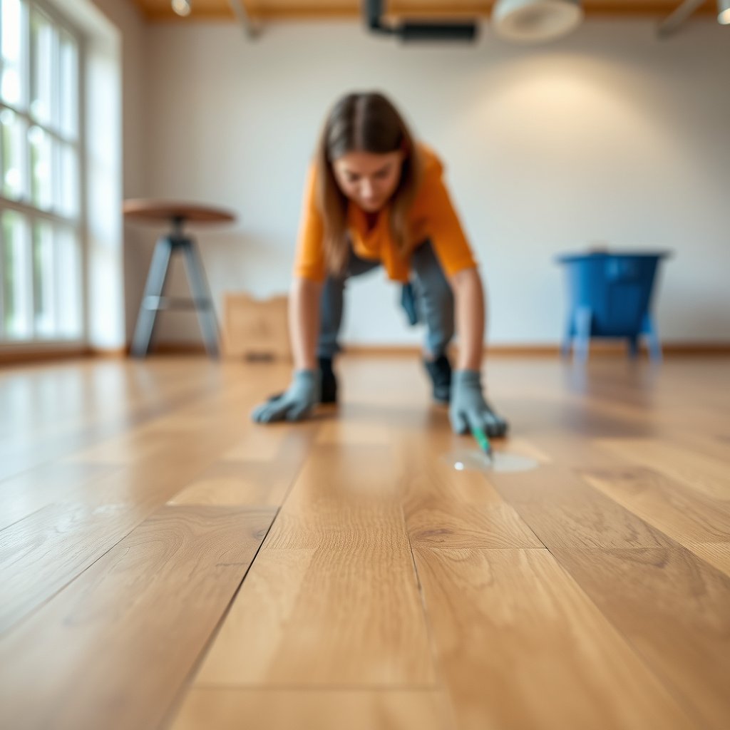 A person prepping parquet floors to seal against water damage and prevent weak spots.