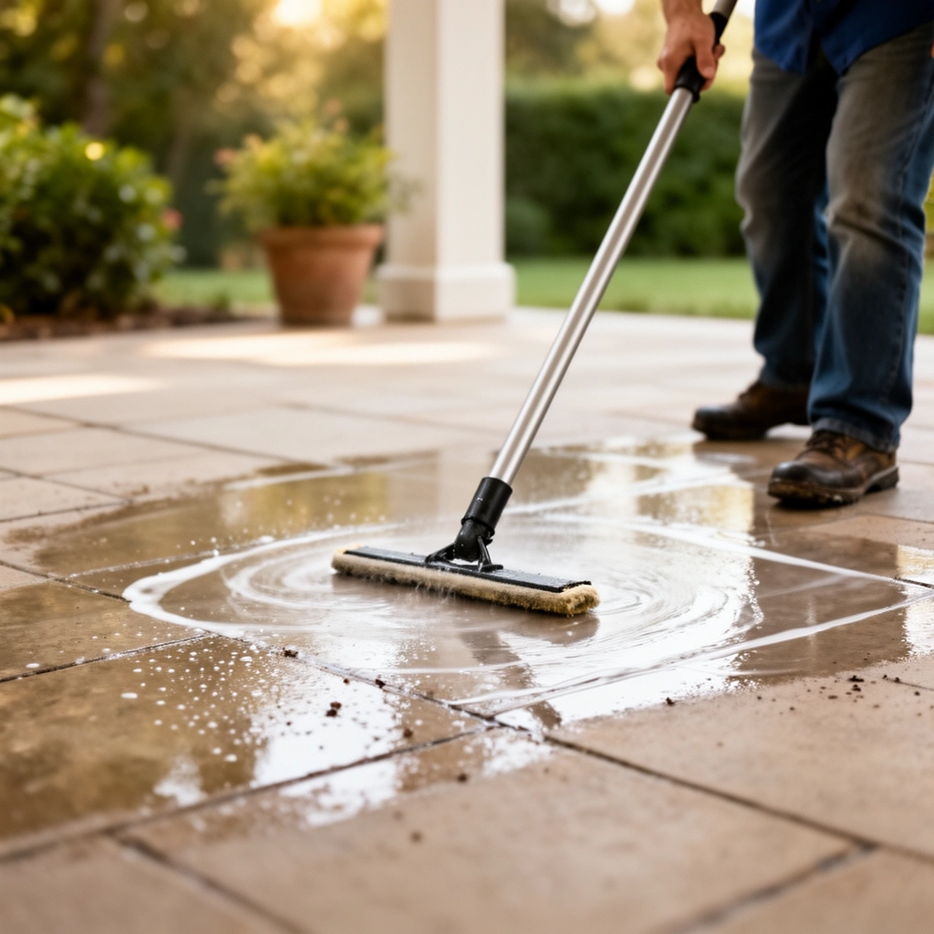 Clearing debris and pre-rinsing patio floors before deep cleaning