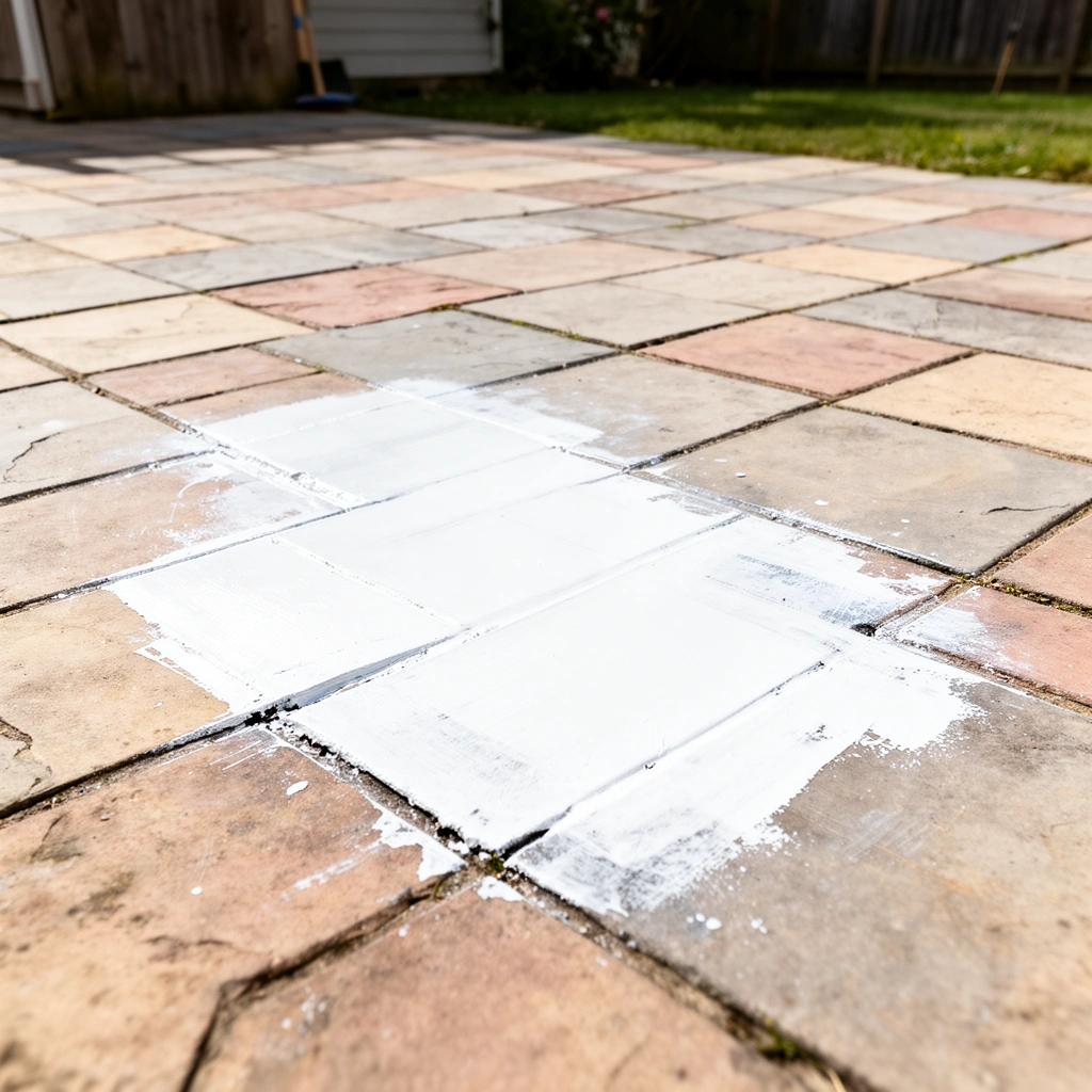 A clean patio surface covered with protective materials before paint removal.