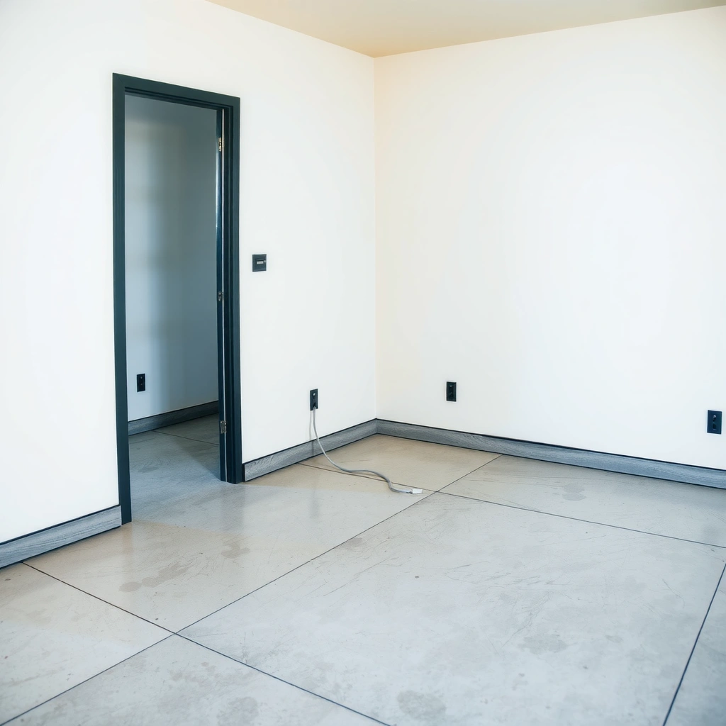 Close-up of polished concrete edge being prepped for baseboard installation.