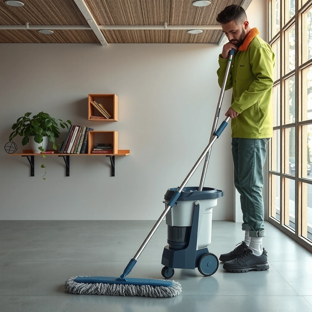 Cleaning dirt from polished concrete floors before mopping with water for optimal results