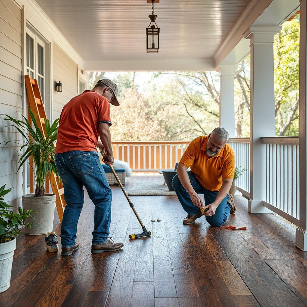 A porch being prepped for vinyl floor removal with protective coverings on surrounding areas.