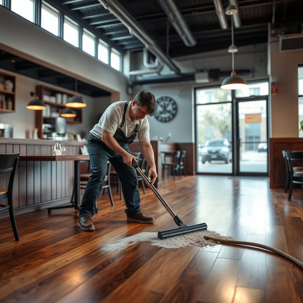 A restaurant interior showing preparation for hardwood floor removal, with tools and planned removal path visible.