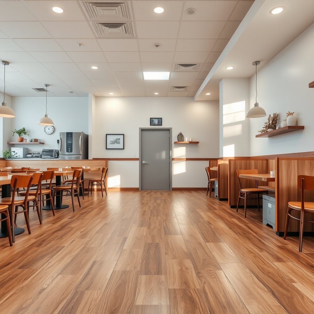 Workers prepping a restaurant space for a laminate floor replacement project.