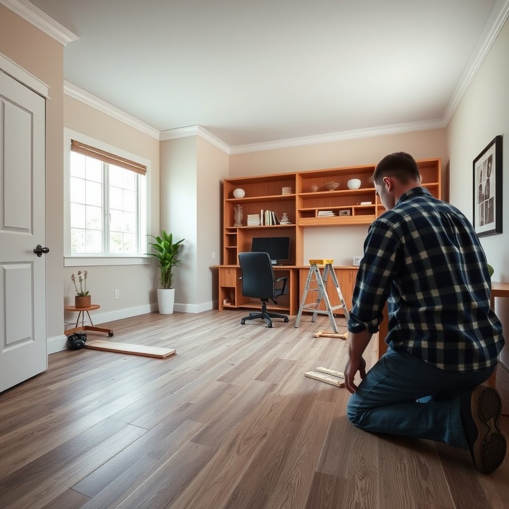 A clean home office with tools and laminate flooring materials ready for installation.