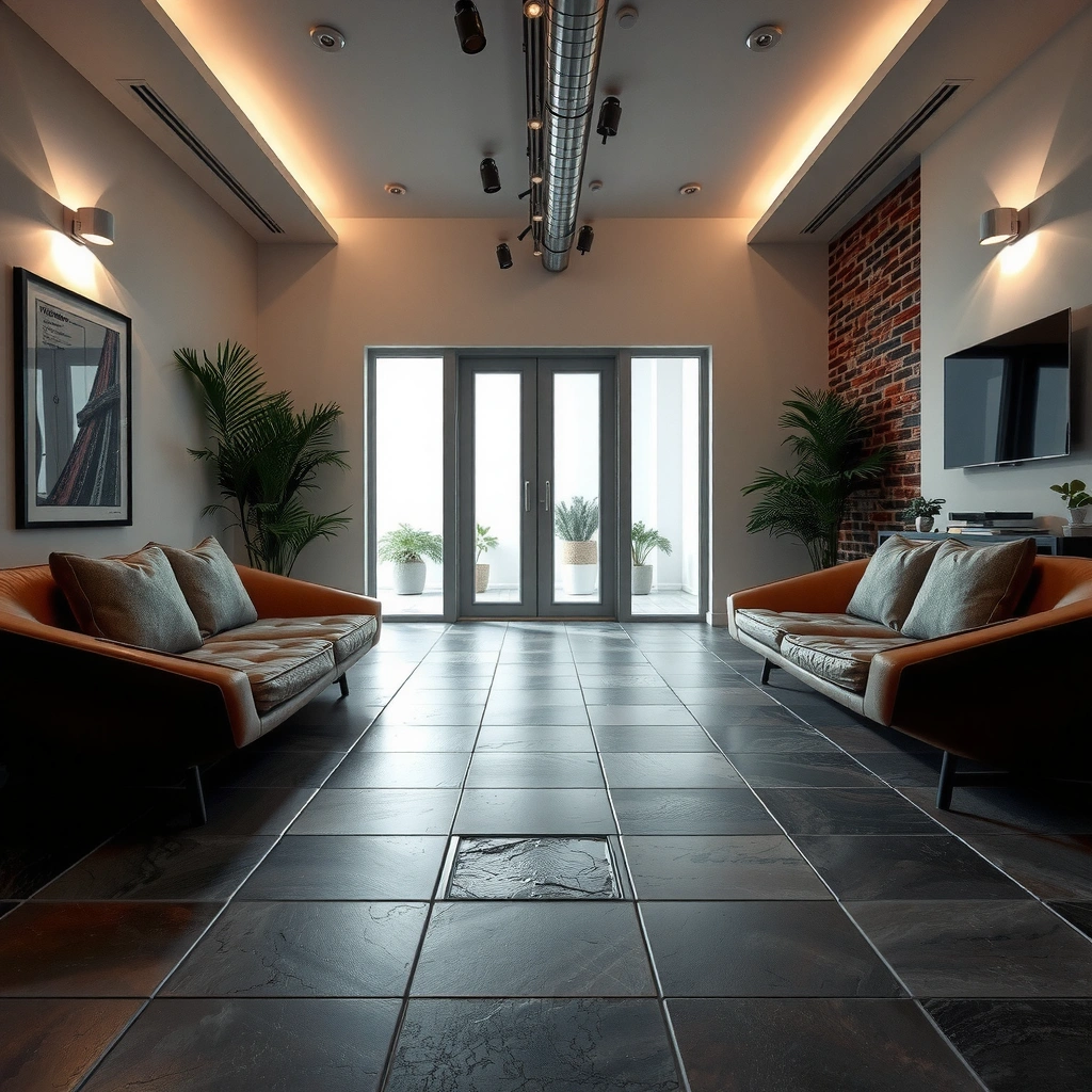 A person preparing a room for slate floor removal, wearing safety gear and clearing the area.