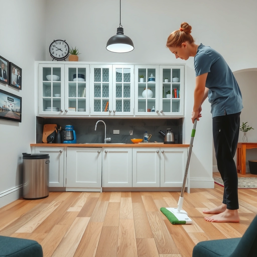 A clean slate floor being prepped for mopping to avoid grinding grit during cleaning.