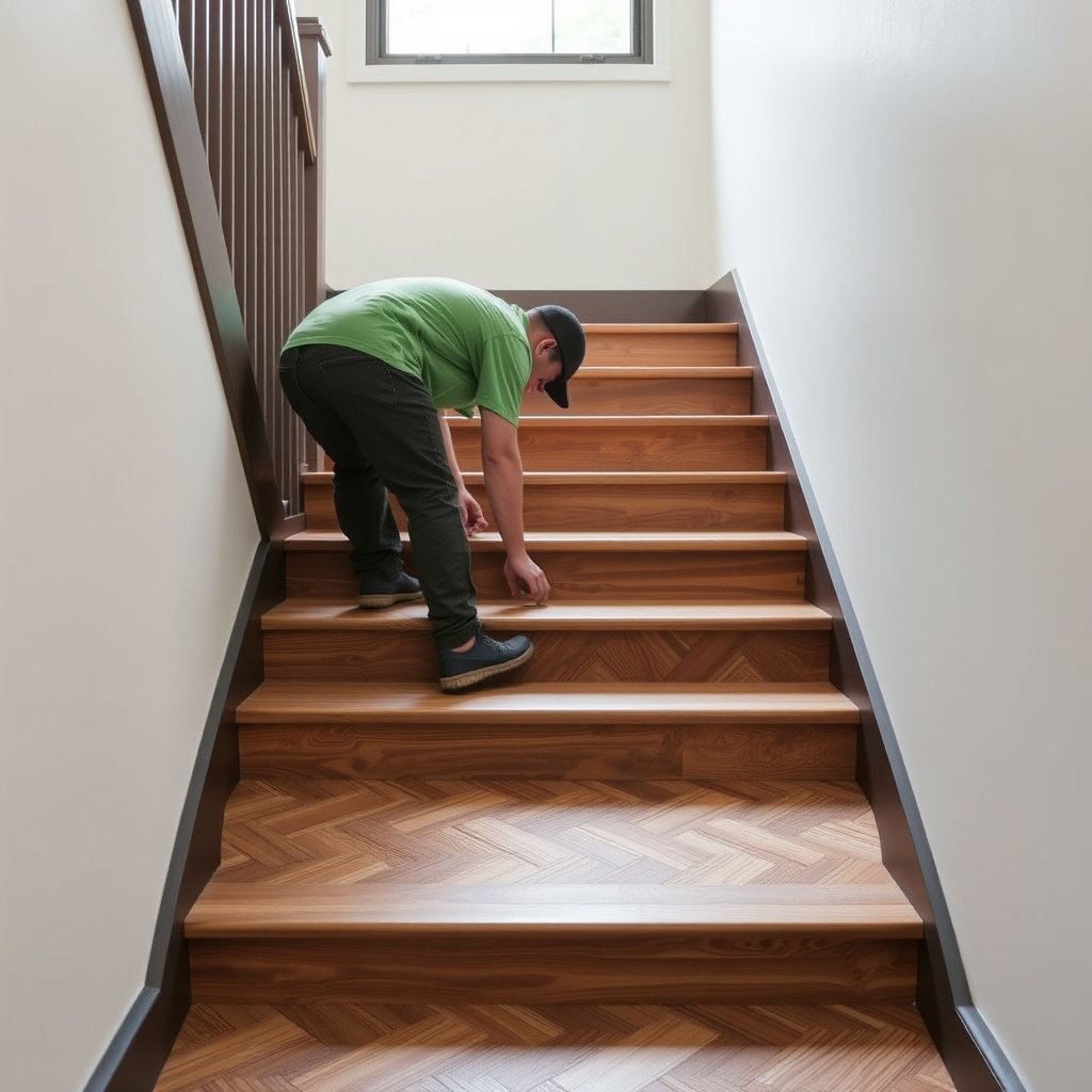 Clean and prep stair surface for installing herringbone tile or plank flooring.