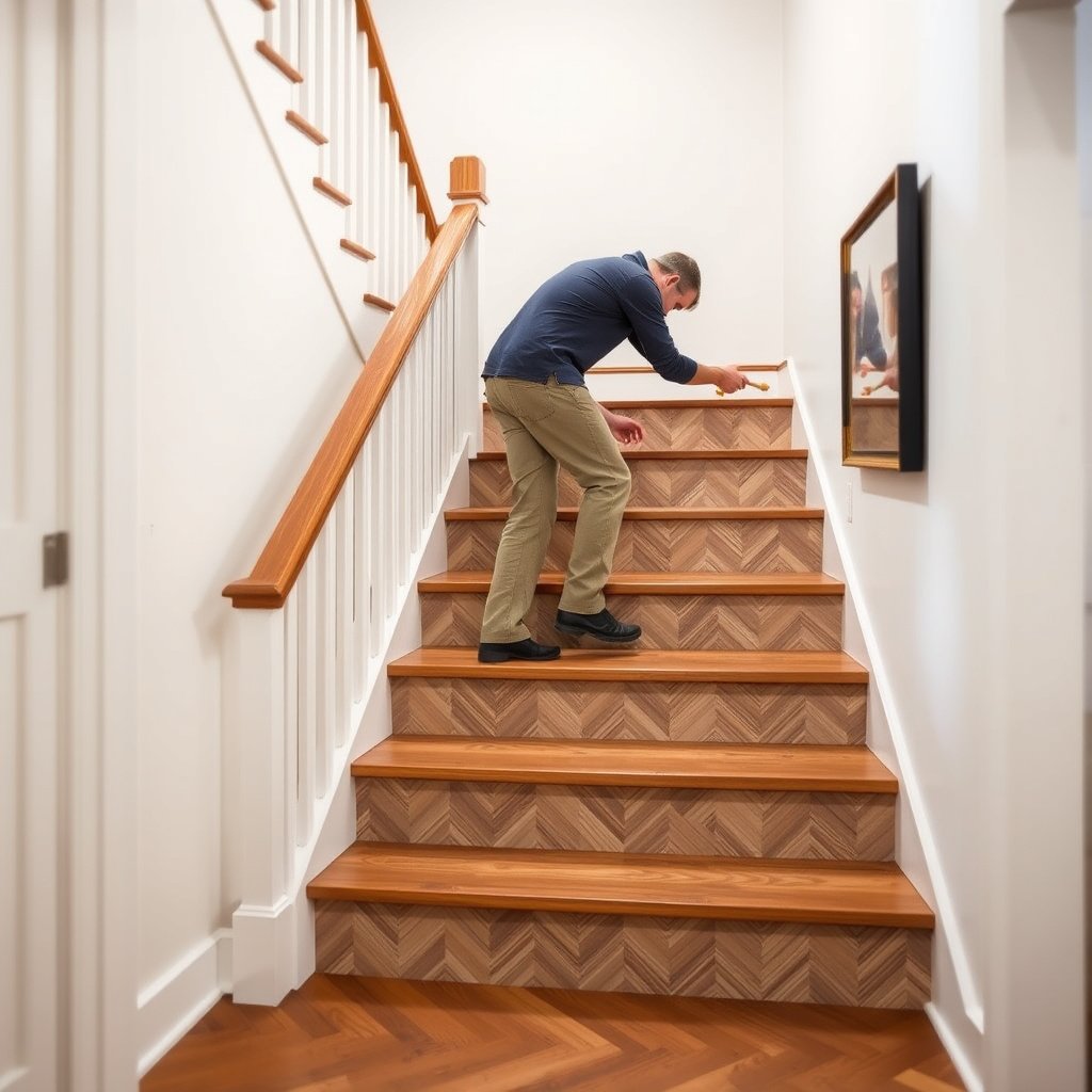 Preparation of stairs and subfloor for chevron floor installation, ensuring a clean and stable base.