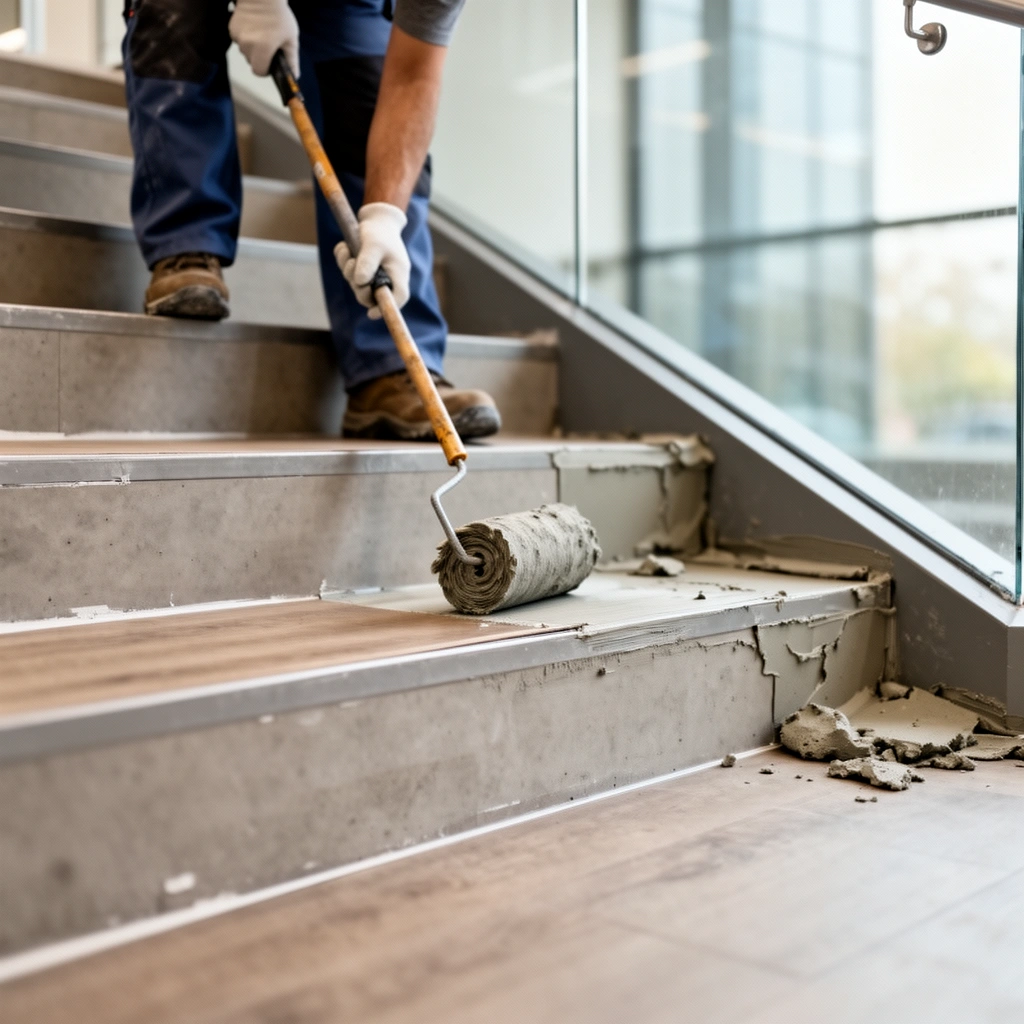 Clean and stable substrate preparation for installing commercial floors around stairs