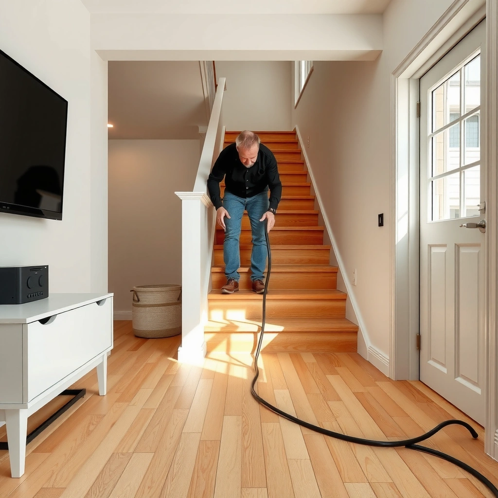 Clean and repair stairs while controlling dust before installing polyurethane floors.