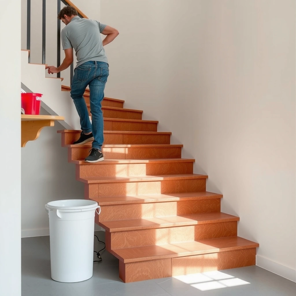 Measuring, inspecting, and leveling stairs before installing terracotta floors.