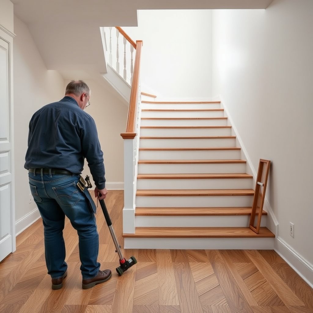 Protective measures for stairs during vinyl floor removal, including covering and safety gear.