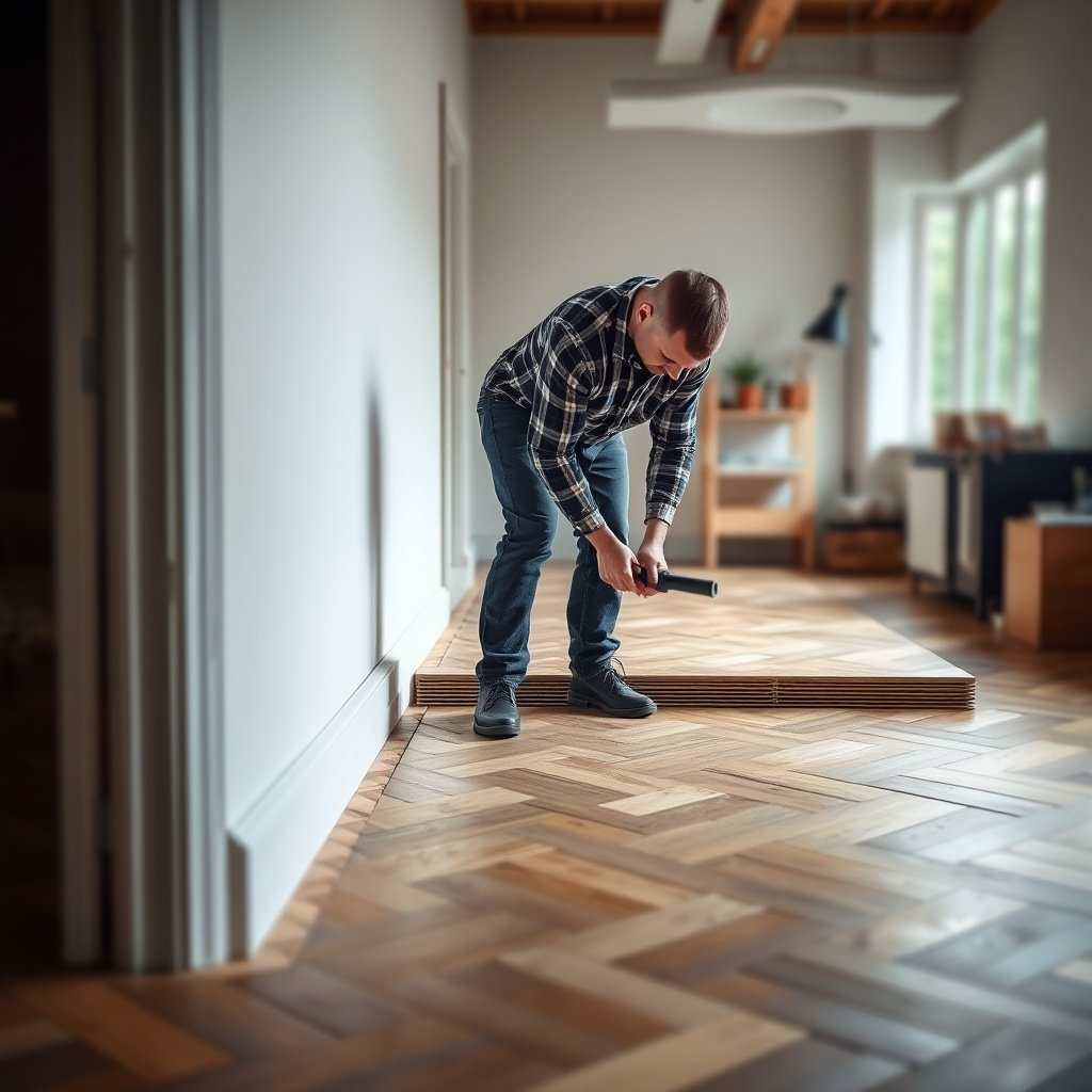 Subfloor preparation and floor edge trimming for herringbone floor transitions installation.