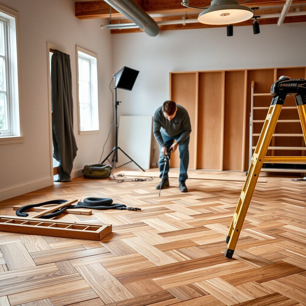 Worker prepping the subfloor for installation of chevron flooring in a home.