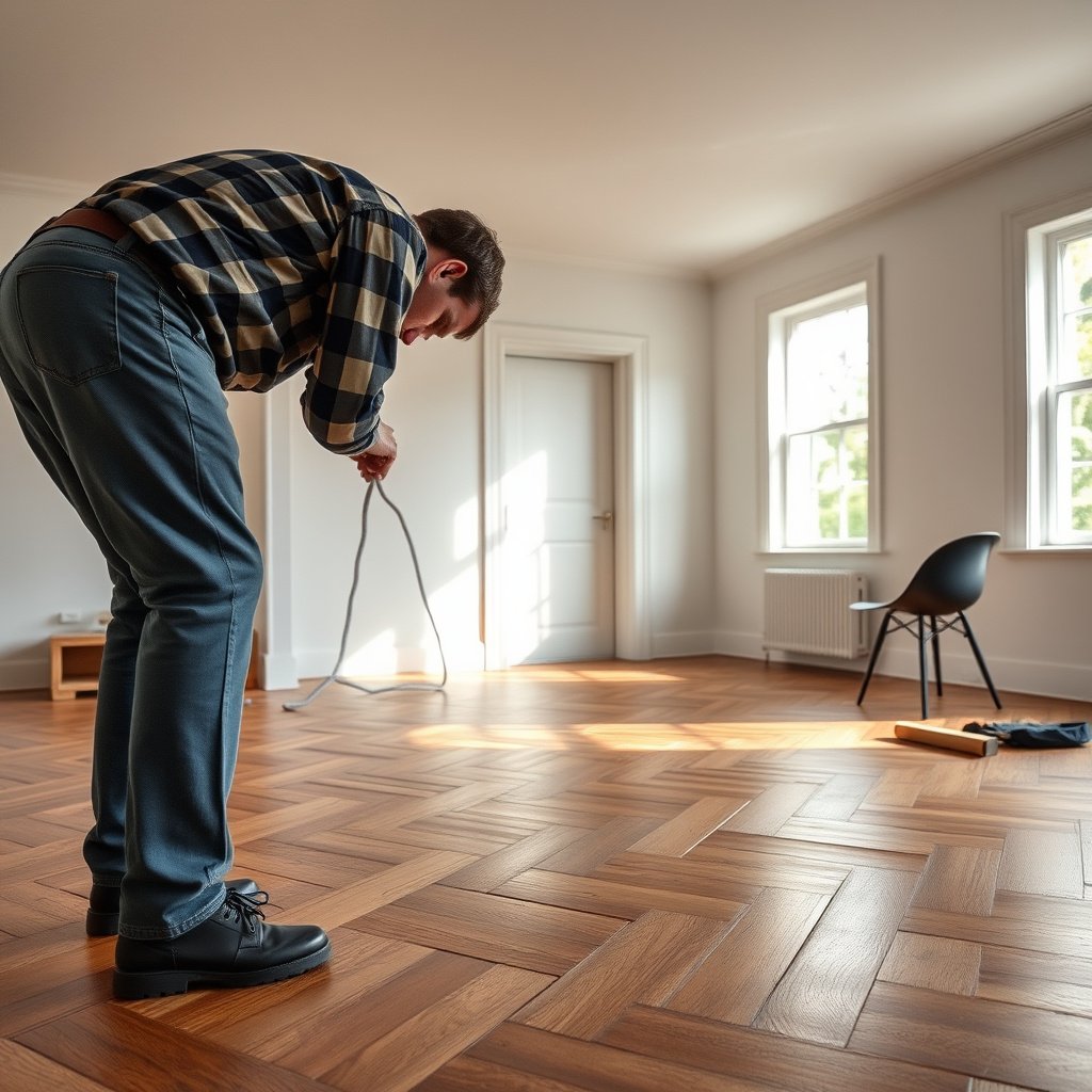 Image showing the process of prepping a subfloor for herringbone floor installation, ensuring flatness and moisture control.