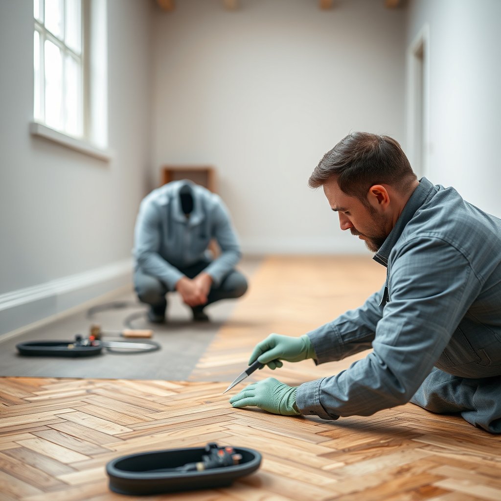 A clean and leveled subfloor ready for underlayment installation beneath herringbone flooring.