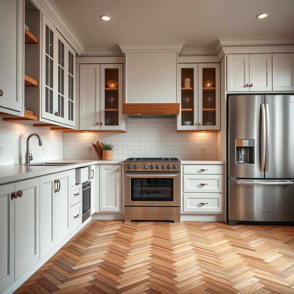 Subfloor preparation with expansion gaps for herringbone flooring installation around cabinets
