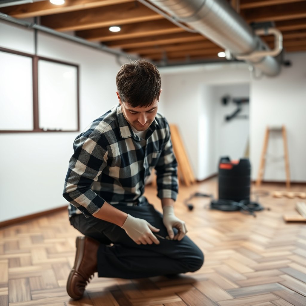 A worker prepping the slab for herringbone floor installation in a basement.