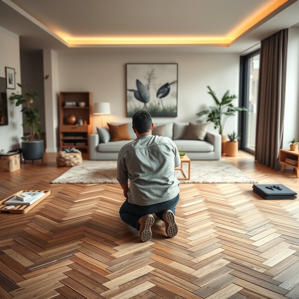 Clean and flat subfloor ready for herringbone floor installation in a living room.
