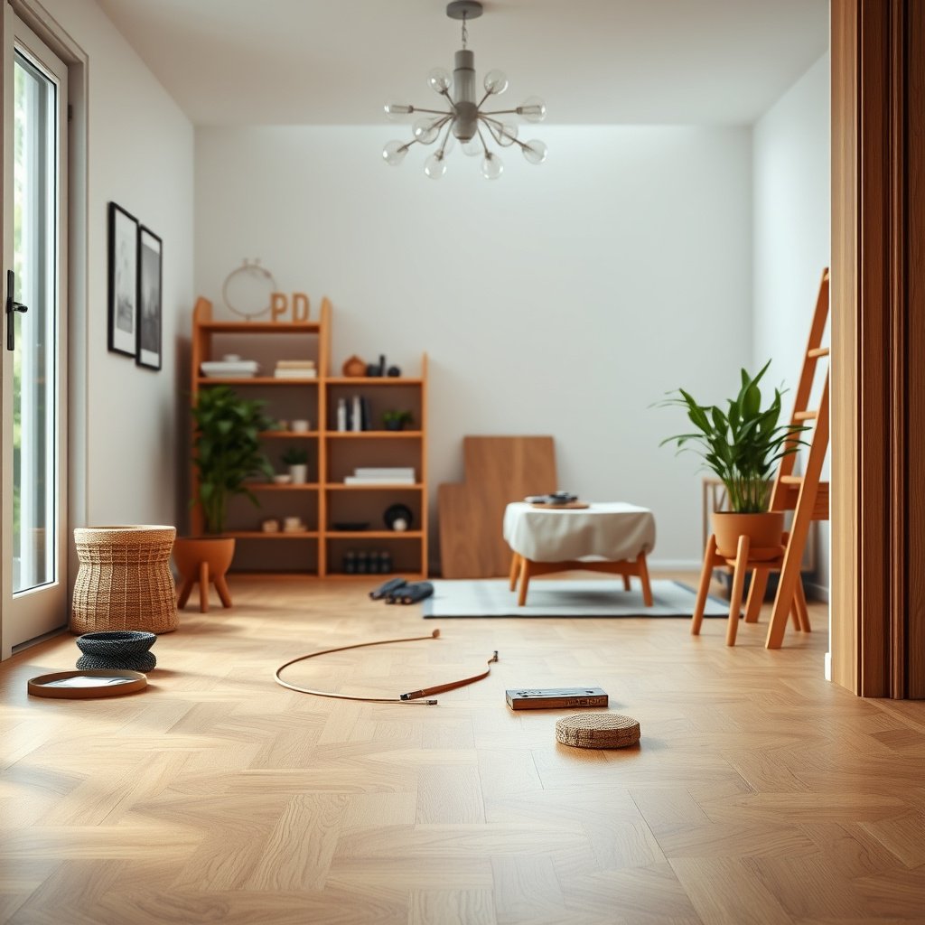 Step-by-step preparation of subfloor for parquet flooring installation in a home.