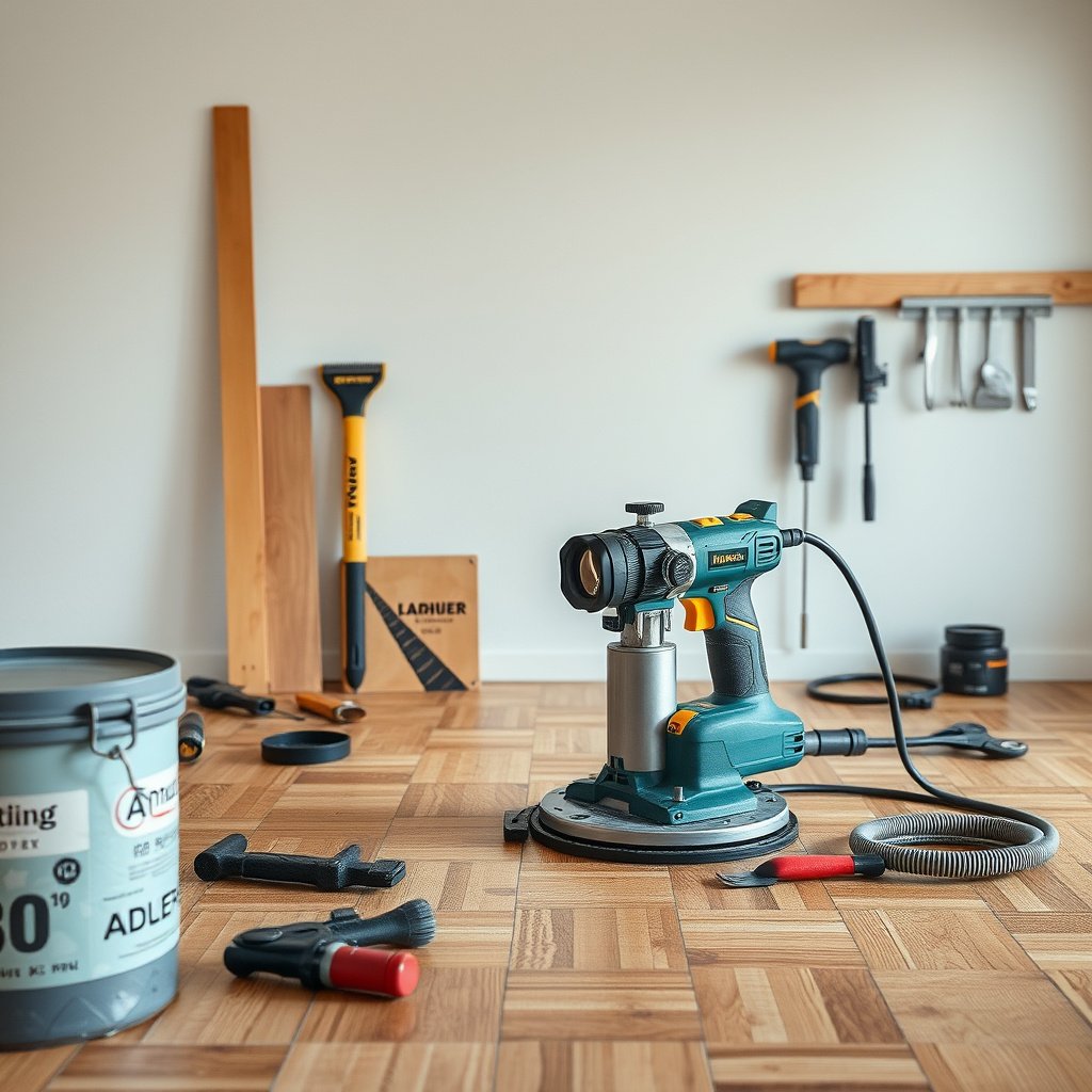 A subfloor being prepared for new parquet flooring installation with tools and materials.