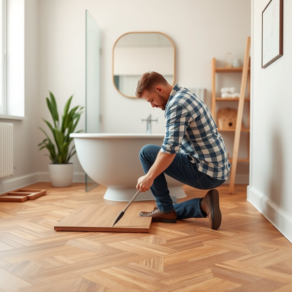 Image showing the preparation of the subfloor and moisture control layers for parquet flooring installation in a bathroom.