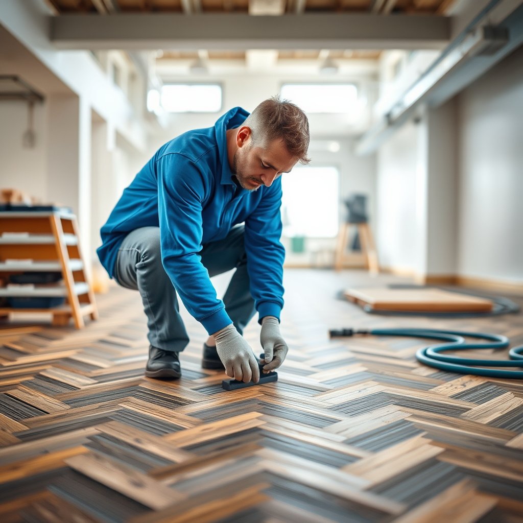 A clean subfloor ready for underlayment installation under chevron floors.