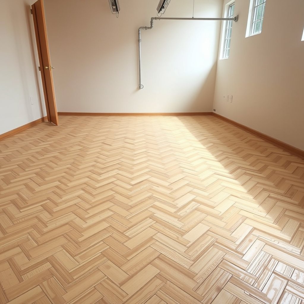 Clean subfloor ready for installation of a vapor barrier under chevron floors.