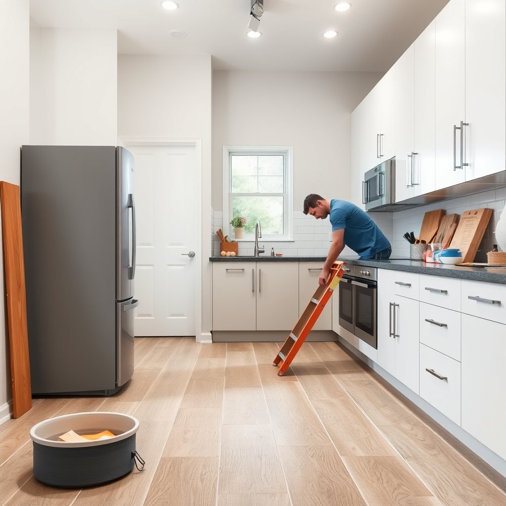 Image showing the preparation of a subfloor and layout planning for vinyl flooring in a kitchen