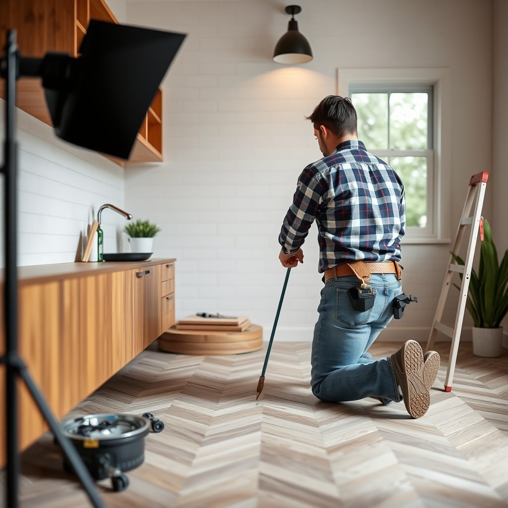 Surface preparation for installing chevron floors over tile, showing cleaning and leveling techniques.
