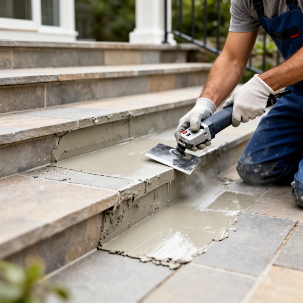 Image showing the preparation of the surface and building a stable base for outdoor floors around stairs.
