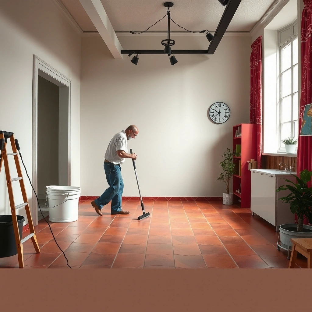 Cleaning terracotta floors to check if they are sealed before refinishing.