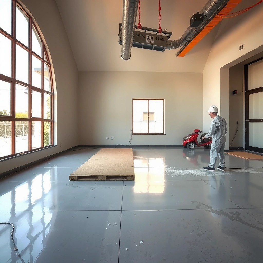 A clean workspace setup for removing paint from polished concrete floors safely.